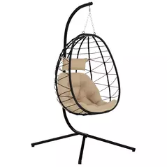 Outsunny Hanging Egg Chair Outdoor Indoor Garden Swing Chair with Folding Basket, Thickened Cushion, Garden Hanging Chair with Stand, Headrest for Patio, Balcony, Khaki - 1