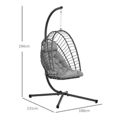 Outsunny Outdoor PE Rattan Swing Chair with Foldable Basket and Cushion, Garden Patio Hanging Egg Chair with Metal Stand, Headrest for Indoor and Outdoor, Light Grey - 3