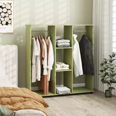 HOMCOM Open Wardrobe Double Mobile Storage Shelves Organizer W/6 Wheels-Green - 2