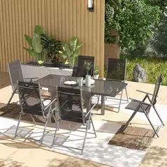 Outsunny 7 Piece Outdoor Dining Set with Extendable Table and 6 Folding Chairs for Patio, Balcony, Deck, Grey - 2