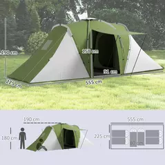 Outsunny Large Camping Tent Tunnel Tent with 2 Bedroom and Living Area, 2000mm Waterproof, Portable with Bag for 4-6 Man, Green - 3