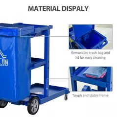HOMCOM Janitor Cleaning Trolley, with Bin, Shelves and Hooks - Blue - 6