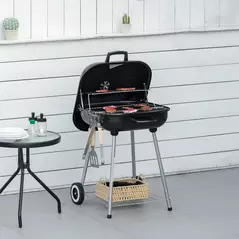 Outsunny Portable BBQ Charcoal Grill with 2 Wheels and Cooking Utensils, Smoker Grill with Lid for Outdoor Barbecues, Camping, Picnic, Courtyard - 2