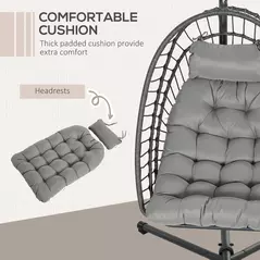 Outsunny Outdoor PE Rattan Swing Chair with Foldable Basket and Cushion, Garden Patio Hanging Egg Chair with Metal Stand, Headrest for Indoor and Outdoor, Light Grey - 6