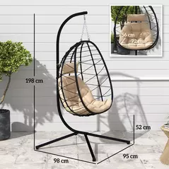 Outsunny Hanging Egg Chair Outdoor Indoor Garden Swing Chair with Folding Basket, Thickened Cushion, Garden Hanging Chair with Stand, Headrest for Patio, Balcony, Khaki - 3