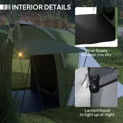 Outsunny Large Camping Tent Tunnel Tent with 2 Bedroom and Living Area, 2000mm Waterproof, Portable with Bag for 4-6 Man, Green - 6