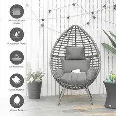 Outsunny Teardop PE Wicker Rattan Chair w/ Thick Cushions 4 Legs Outdoor Seat Egg Garden - 4