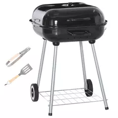 Outsunny Portable BBQ Charcoal Grill with 2 Wheels and Cooking Utensils, Smoker Grill with Lid for Outdoor Barbecues, Camping, Picnic, Courtyard - 1