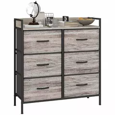 HOMCOM Rustic Chest of Six Fabric Drawers - Grey Wood Effect - 1