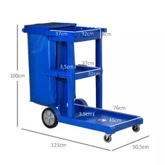 HOMCOM Janitor Cleaning Trolley, with Bin, Shelves and Hooks - Blue - 3