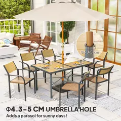 Outsunny Garden Table for 6, 150 cm Rectangular Outdoor Dining Table with 5 cm Umbrella Hole, Wood Effect Top, Rust Resistant Frame, for Patio, Balcony, Terrace, Natural Wood Finish - 7