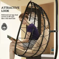 Outsunny Hanging Egg Chair Outdoor Indoor Garden Swing Chair with Folding Basket, Thickened Cushion, Garden Hanging Chair with Stand, Headrest for Patio, Balcony, Khaki - 6