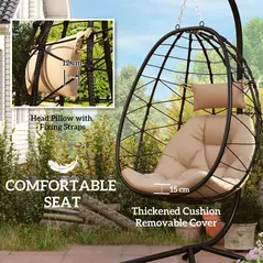 Outsunny Hanging Egg Chair Outdoor Indoor Garden Swing Chair with Folding Basket, Thickened Cushion, Garden Hanging Chair with Stand, Headrest for Patio, Balcony, Khaki - 4
