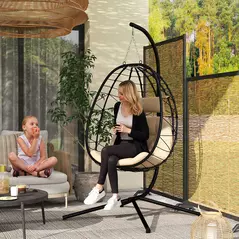 Outsunny Hanging Egg Chair Outdoor Indoor Garden Swing Chair with Folding Basket, Thickened Cushion, Garden Hanging Chair with Stand, Headrest for Patio, Balcony, Khaki - 2