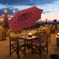 Outsunny 2.7m Patio Garden Umbrella Outdoor Parasol with Tilt Crank and 24 LEDs Lights (Red) - 2