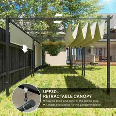 Outsunny 3 x 4m Metal Pergola with Retractable Roof and Roller Shade, Free Standing Gazebo Canopy Pergola Kit, UPF30+ Outdoor Sun Shelter, Beige - 4