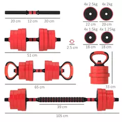 SPORTNOW 30kg 6-In-One Adjustable Weight Dumbbells Set, Barbell, Kettlebell, Push Up Stand - Red - 3