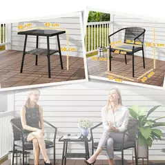Outsunny 3 Pieces Rattan Bistro Set with Cushions, Wicker Garden Furniture Set, Glass Top Coffee Table and Chairs for Outdoor Patio, Balcony, Terrace and Conservatory, Grey - 3