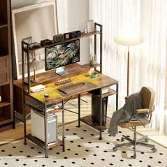 HOMCOM Computer Desk with Power Outlets and LED Lights, Home Office Desk with Monitor Stand, 2 CPU Stands and Storage Shelves, Study Table Gaming Desk with Hutch, Rustic Brown - 9