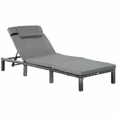 Outsunny Rattan Sun Lounger, 5-Level Adjustable Garden Lounger Recliner with Cushion and Headrest, Outdoor Reclining Sunbed, Steel Frame Garden Chair for Patio, Beach, Terrace, Dark Grey - 1