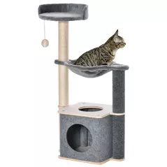 PawHut Cat Tree for Indoor Cats 95cm Climbing Tower Kitten Activity Center with Sisal Scratching Post Perch Roomy Condo Hammock Removable Felt Hanging Toy, Grey - 1