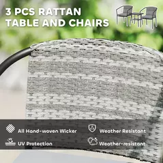 Outsunny 3 Pieces Rattan Bistro Set with Cushions, Wicker Garden Furniture Set, Glass Top Coffee Table and Chairs for Outdoor Patio, Balcony, Terrace and Conservatory, Grey - 4