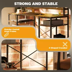 HOMCOM Computer Desk with Power Outlets and LED Lights, Home Office Desk with Monitor Stand, 2 CPU Stands and Storage Shelves, Study Table Gaming Desk with Hutch, Rustic Brown - 8