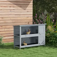 PawHut Rabbit Hutch Outdoor Guinea Pig Hutch Bunny Cage with No-Leak Trays, Divider, 136 x 50 x 93cm, Grey - 2