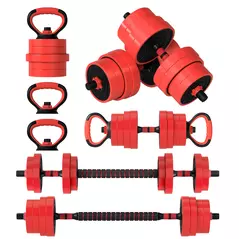 SPORTNOW 30kg 6-In-One Adjustable Weight Dumbbells Set, Barbell, Kettlebell, Push Up Stand - Red - 1