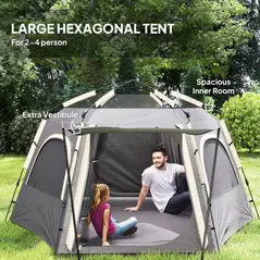 Outsunny Instant Pop Up Camping Tent, 2/3/4 Person Easy Setup Dome Family Tent with Vestibule, Rainfly, 4 Mesh Windows & 2 Doors, Hexagonal Design, Waterproof & UV Protected, Dark Grey - 5