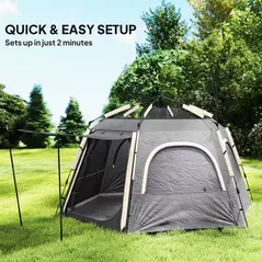 Outsunny Instant Pop Up Camping Tent, 2/3/4 Person Easy Setup Dome Family Tent with Vestibule, Rainfly, 4 Mesh Windows & 2 Doors, Hexagonal Design, Waterproof & UV Protected, Dark Grey - 4
