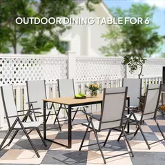 Outsunny Garden Table for 6 People, 160 x 80 x 75 cm Rectangle Outdoor Dining Table with Slatted Top, Metal Frame, for Balcony, Deck, Teak - 4