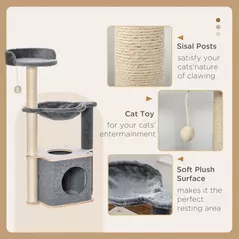 PawHut Cat Tree for Indoor Cats 95cm Climbing Tower Kitten Activity Center with Sisal Scratching Post Perch Roomy Condo Hammock Removable Felt Hanging Toy, Grey - 5