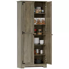 HOMCOM Farmhouse Kitchen Cupboard, Freestanding Kitchen Storage Cabinet with Adjustable Shelves, Tall Storage Cabinet with Recessed Doors, Grey Wood-Effect - 1