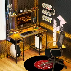 HOMCOM Computer Desk with Power Outlets and LED Lights, Home Office Desk with Monitor Stand, 2 CPU Stands and Storage Shelves, Study Table Gaming Desk with Hutch, Rustic Brown - 2