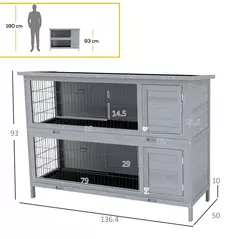PawHut Rabbit Hutch Outdoor Guinea Pig Hutch Bunny Cage with No-Leak Trays, Divider, 136 x 50 x 93cm, Grey - 3