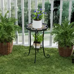 Outsunny Mosaic Garden Table, 35.5 cm Round Outdoor Table with Shelf, Ceramic Tile Top, Small Garden Side Table Bistro Table End Table Plant Stand for Indoor, Patio, Balcony, Orange - 9