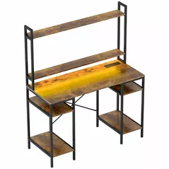 HOMCOM Computer Desk with Power Outlets and LED Lights, Home Office Desk with Monitor Stand, 2 CPU Stands and Storage Shelves, Study Table Gaming Desk with Hutch, Rustic Brown - 1