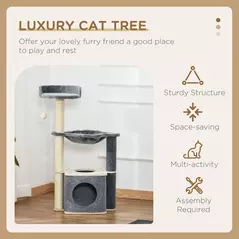 PawHut Cat Tree for Indoor Cats 95cm Climbing Tower Kitten Activity Center with Sisal Scratching Post Perch Roomy Condo Hammock Removable Felt Hanging Toy, Grey - 4