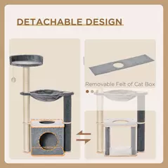 PawHut Cat Tree for Indoor Cats 95cm Climbing Tower Kitten Activity Center with Sisal Scratching Post Perch Roomy Condo Hammock Removable Felt Hanging Toy, Grey - 6