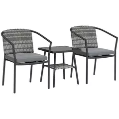 Outsunny 3 Pieces Rattan Bistro Set with Cushions, Wicker Garden Furniture Set, Glass Top Coffee Table and Chairs for Outdoor Patio, Balcony, Terrace and Conservatory, Grey - 1