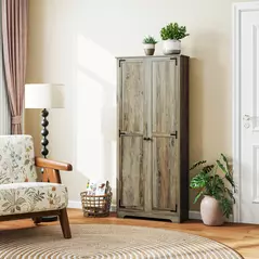 HOMCOM Farmhouse Kitchen Cupboard, Freestanding Kitchen Storage Cabinet with Adjustable Shelves, Tall Storage Cabinet with Recessed Doors, Grey Wood-Effect - 9