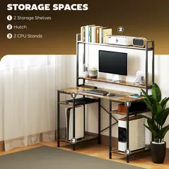 HOMCOM Computer Desk with Power Outlets and LED Lights, Home Office Desk with Monitor Stand, 2 CPU Stands and Storage Shelves, Study Table Gaming Desk with Hutch, Rustic Brown - 7