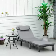 Outsunny Rattan Sun Lounger, 5-Level Adjustable Garden Lounger Recliner with Cushion and Headrest, Outdoor Reclining Sunbed, Steel Frame Garden Chair for Patio, Beach, Terrace, Dark Grey - 2