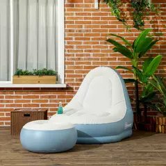 Outsunny Inflatable Tub Chair and Footstool - Blue/White - 2