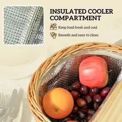 Outsunny Wicker Picnic Basket for 2 with Pine Wood Lid, Picnic Hamper with Cooler Compartment, Cutlery Service Kits, Carry Handle for Camping, Outdoor, Valentine Day, Chirtmas, Birthday, Light Brown - 5