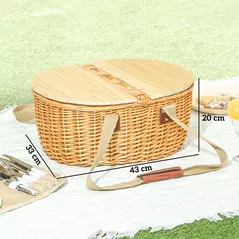 Outsunny Wicker Picnic Basket for 2 with Pine Wood Lid, Picnic Hamper with Cooler Compartment, Cutlery Service Kits, Carry Handle for Camping, Outdoor, Valentine Day, Chirtmas, Birthday, Light Brown - 3