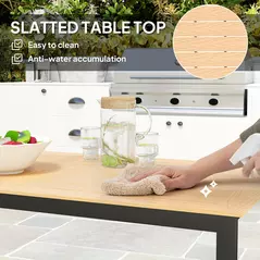 Outsunny Garden Table for 6 People, 160 x 80 x 75 cm Rectangle Outdoor Dining Table with Slatted Top, Metal Frame, for Balcony, Deck, Teak - 5