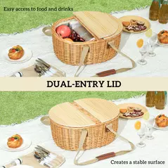 Outsunny Wicker Picnic Basket for 2 with Pine Wood Lid, Picnic Hamper with Cooler Compartment, Cutlery Service Kits, Carry Handle for Camping, Outdoor, Valentine Day, Chirtmas, Birthday, Light Brown - 6