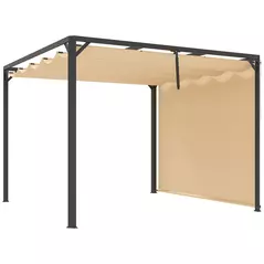 Outsunny 3 x 3m Aluminium Pergola, with Retractable Roof and Wall - Khaki - 1
